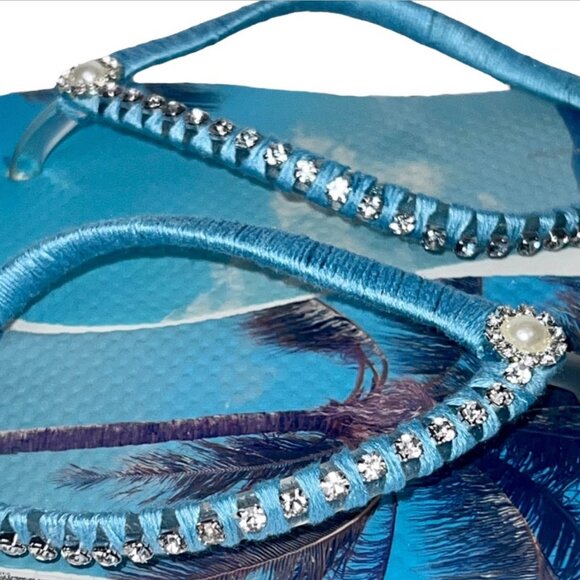 Tropical Flip Flops, Rhinestones, Crystals, Beach Wedding, Pool Party Gift Sz 6 - Picture 6 of 16